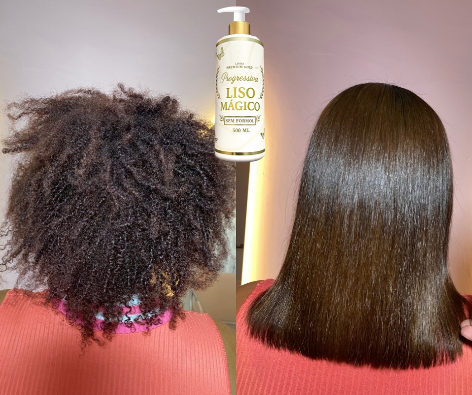 Antes e depois — cabelo cacheado volumoso para liso com brilho